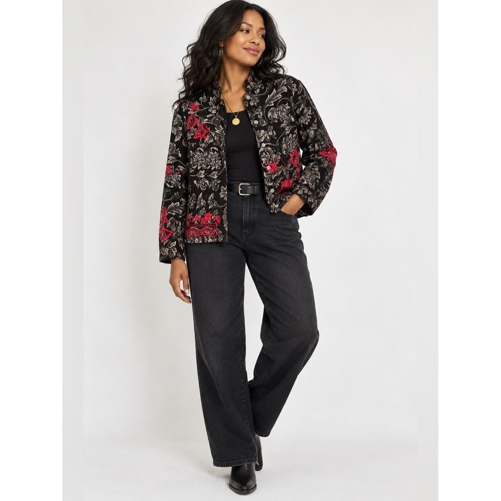 Chico's Artwear Floral Embroidered Beaded Jacket Boho 2 Large